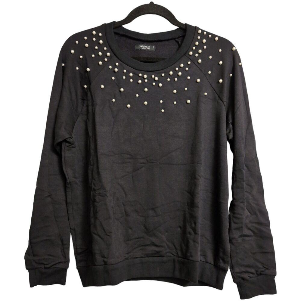 NWT Michael Lauren Black Pearl Embellished Long Sleeve Crew Neck Sweater Size M